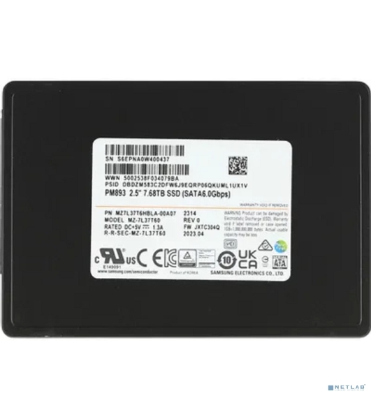 Накопитель SSD Samsung PM893, 7.68Tb, SATA III, 2.5', R/W 520/500
