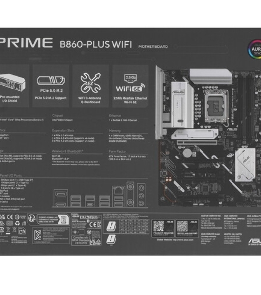 Материнская плата ASUS PRIME B860-PLUS-CSM, LGA 1851, Intel B860, 4xDDR5, 4xSATA, 3xM.2, 1xPCIe 5.0 x16, 1xPCIe 4.0 x16, 1xHDMI, 1xDP, 1x2.5Gb LAN, 2xUSB 2.0, 1xUSB 3.2 Gen 1, 2xUSB 3.2 Gen 2, 1xUSB-C 3.2 Gen 2x2, 3x3.5 мм, 7.1, ATX
