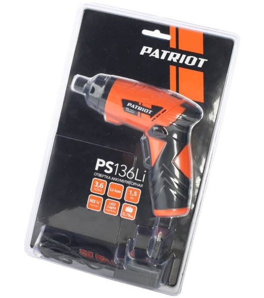 Отвертка аккумуляторная PATRIOT PS 136Li Li-Ion, 3.6 В/1,5 Ач, Реверс, 200 об/мин, 3,5 Нм, патрон: НЕХ 1/4'