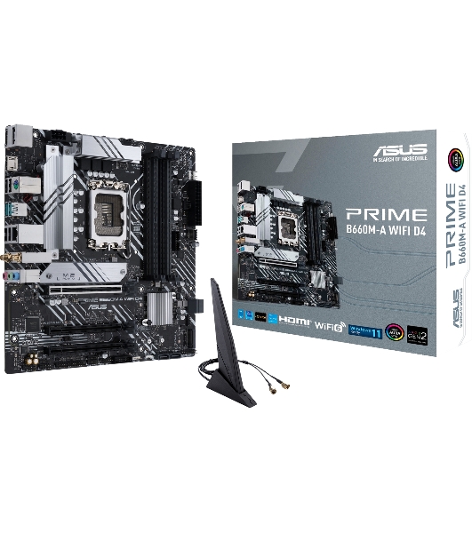 Материнская плата ASUS PRIME B660M-A WIFI D4, Socket LGA 1700, Intel B660, 4xDDR4, 4xSATA, 2xM.2, 1xPCIe 4.0 x16, 1xPCIe 3.0 x16, 1xDP, 2xHDMI, 1x 1Gb LAN, 2xUSB-A 3.2 Gen 2, 4xUSB-A 2.0, 3x3.5 мм, 7.1, mATX