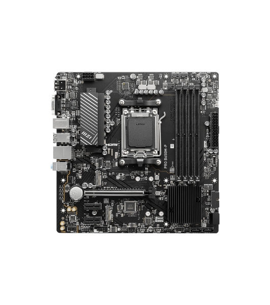 Материнская плата MSI PRO B650M-P, AM5, AMD B650, 4xDDR5, 4xSATA, 2xM.2, 1xPCI-E 4.0 x16, 2xPCI-E 4.0 x1, 1xHDMI, 1xDP, 1xVGA, 1x2.5Gb LAN, 2xUSB 3.2 Gen 1, 2xUSB 3.2 Gen 2, 3x3.5 мм, 7.1, Micro-ATX