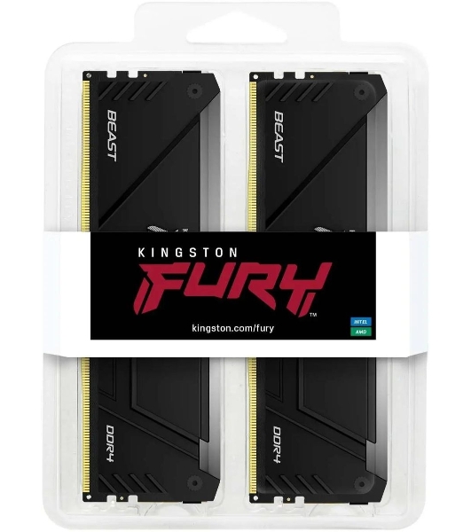 Оперативная память Kingston Fury Beast, DDR4, 64GB (2x32GB), 3200MHz, CL16, DIMM, с радиатором, RGB, черный