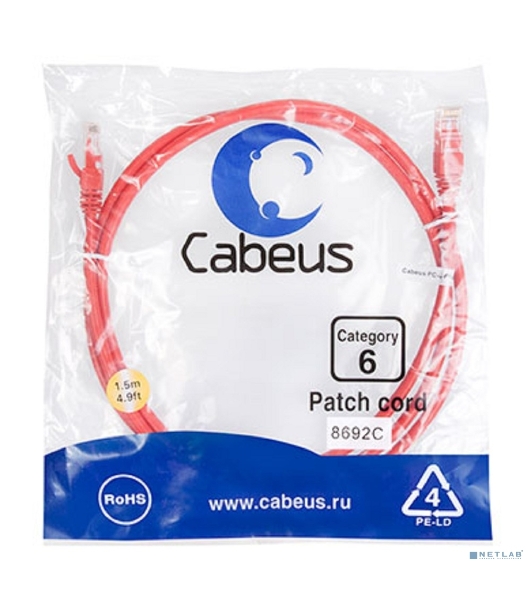 Шнур комм. Cabeus, кат. 6, неэкр., U/UTP, RJ45/RJ45, 250 МГц, PVC, AWG24, 1.5м, красный