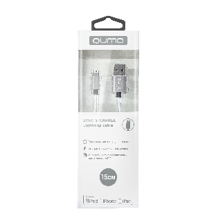 Кабель Qumo, MFI С48, USB-Apple 8 pin, 0,15м, 5В, 2,4A, 12Вт, опл. нейлон, кон металл, серебро
