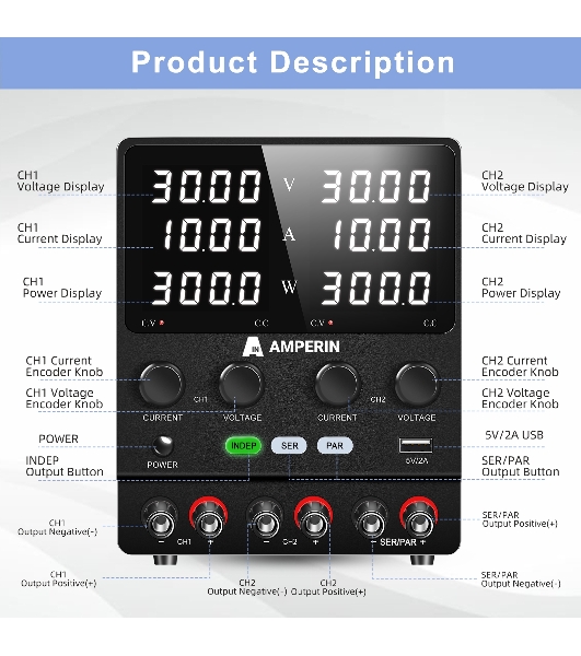 Лабораторный блок питания двухканальный Amperin AI-W3010x2C 30V, 10A, 0,6 кВт