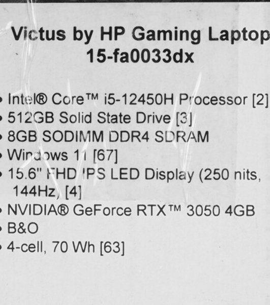 Ноутбук HP Victus 15-fa2082wm Core i5 13420H 16Gb SSD512Gb NVIDIA GeForce RTX4050 6Gb 15.6' IPS FHD (1920x1080) Windows 11 Home Multi Language silver WiFi BT Cam (B5EQ3UA)
