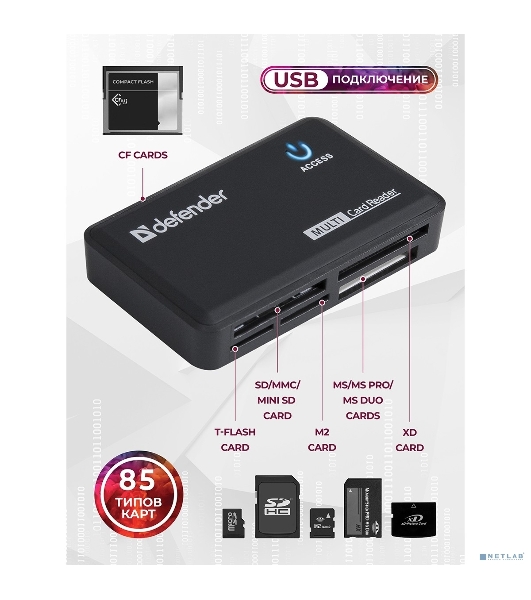 Кард-ридер Defender Optimus/черный/CF/MMC/MS/MS Duo/MS Micro M2/MS Pro/MS Pro Duo/RS-MMC/SD/SDHC/micro-SD/mini-SD/miсro-SDHC/USB 2.0 A(M)/черный