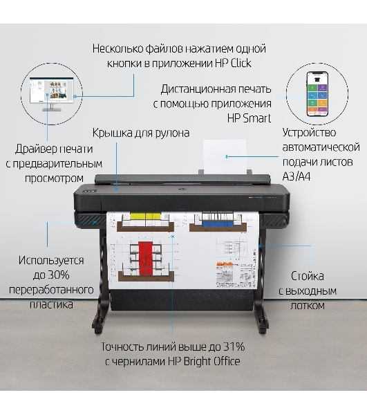 Плоттер струйный HP Designjet T630 (5HB11A/5HB11D), A0, 36', цветной, 914 мм, 2400x1200 dpi, USB, Gigabit Ethernet, WiFi