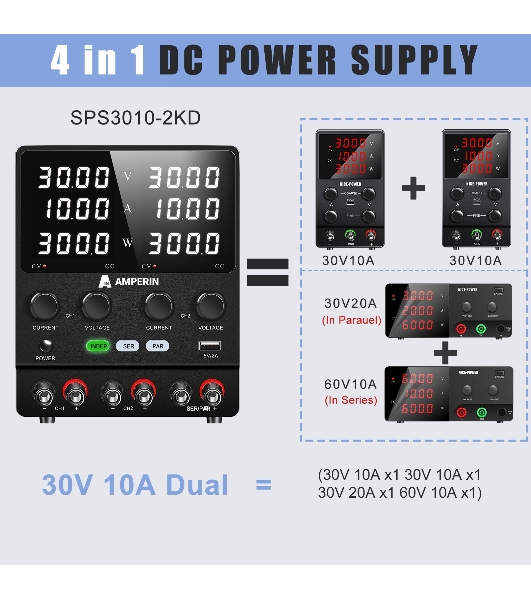 Лабораторный блок питания двухканальный Amperin AI-W3010x2C 30V, 10A, 0,6 кВт