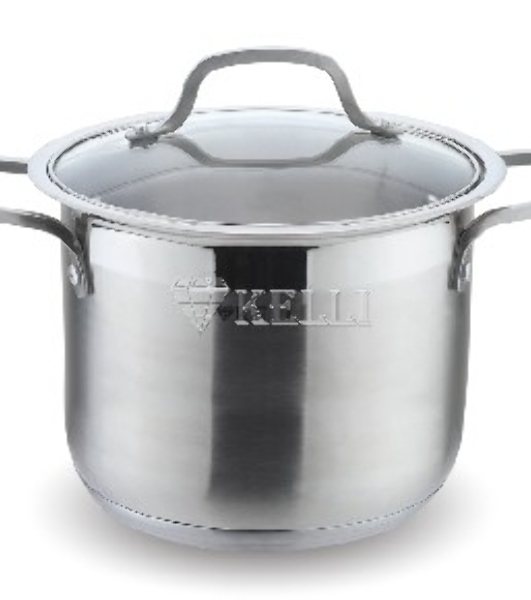 Кастрюля Kelli KL-4226 объем 14 л. Высокачественная нержавеющая сталь 5-ти слойное капсульное дно Подходит для индукции Стеклянная жаропрочная крышка с паровыпуском диаметром 28 см Удобные термостойкие клепаные ручки Матовая внутри и снаружи Мерная шкала внутри кастрюли