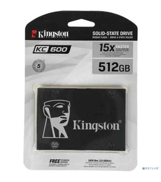 Накопитель SSD Kingston KC600, 512Gb, 2.5', SATA III, R/W 550/520