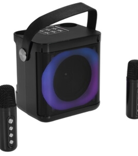 Переносная караоке система TRS2406 iconBIT K702B Колонка 10Вт, 2 микрофона Bluetooth, подсвктка, с аккумулятор в колонке 1500mAh и микрофонах, 16*12*16.7 CM, черный
