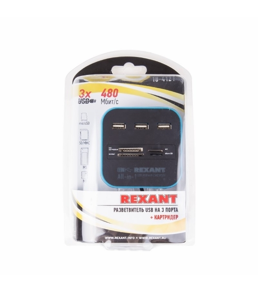 Разветвитель USB Rexant на 3 порта+картридер (все в одном) черный