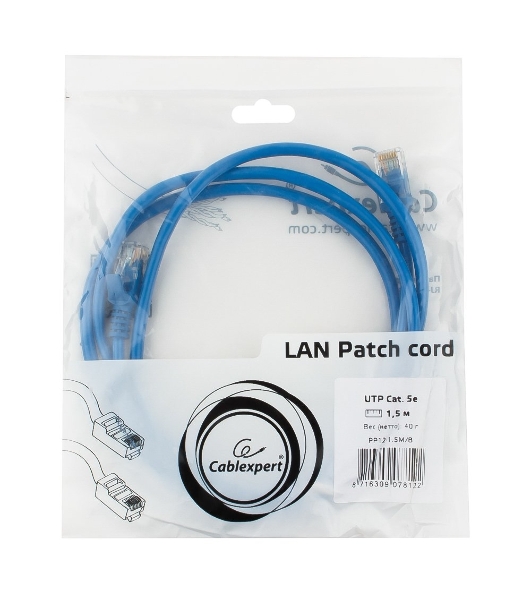 Патч-корд UTP Cablexpert cat.5e, 1.5м, литой, многожильный, синий