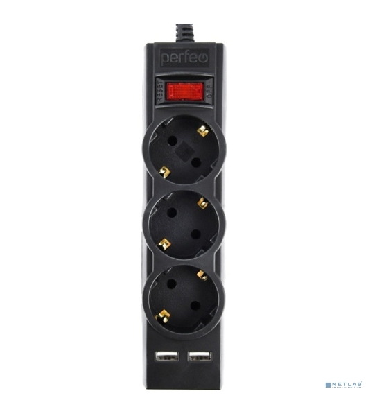 Сетевой фильтр Perfeo 'POWER-S', 1,8м, 3 розетки 10А, 2USB, 2500 Вт, двойная защита, черный