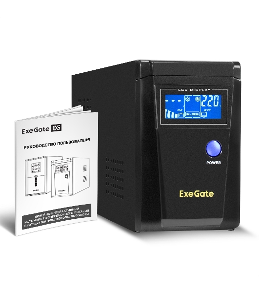 Источник бесперебойного питания (инвертор, синус, для котла) ExeGate SineTower SN-600.LCD.AVR.2SH 600VA/360W, чистая синусоида, LCD дисплей, AVR, 2*Schuko, линейно-интерактивный, черный