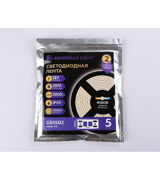 Светодиодная лента Ambrella light GS1502 2835 240Led/ 19.2W m/ 12V IP20 4500K/ 5000*10*1.2mm (2 конт.)