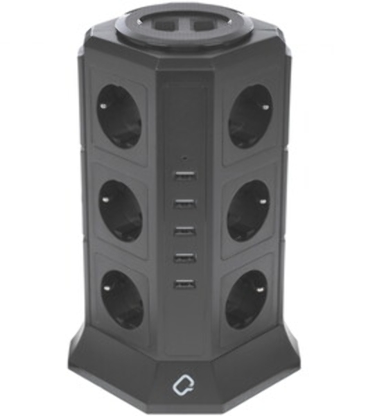Сетевой фильтр Qumo Power Tower Pro 12SP5U (P-0001), 12 розеток, 2200 Вт, 10A, кабель 2 м 3*1 мм чистая медь, пожаробезопасный пластик, евровилка, 5 USB портов 4.5A суммарно