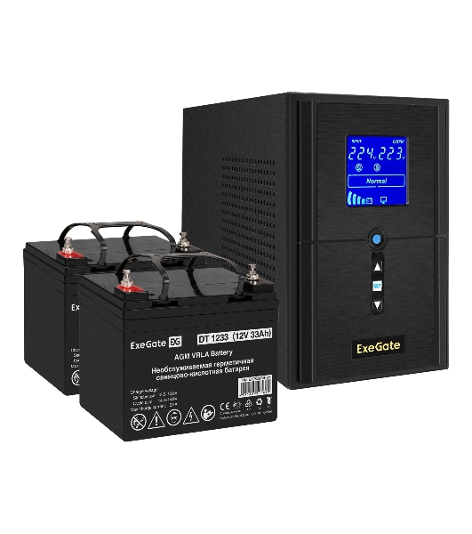 Комплект Источник бесперебойного питания EX295987RUS + батарея 33Aч EX282974RUS 2шт (инвертор, синус, для котла) ExeGate SineTower SZ-1000.LCD.AVR.2SH.1C13.USB 1000VA/800W, чистый синусоида, LCD дисплей, AVR, 2*Schuko+1*C13, USB, линейно-интерактивный, черный + батарея ExeGate DT 1233 (12В, 33А·ч) 2шт