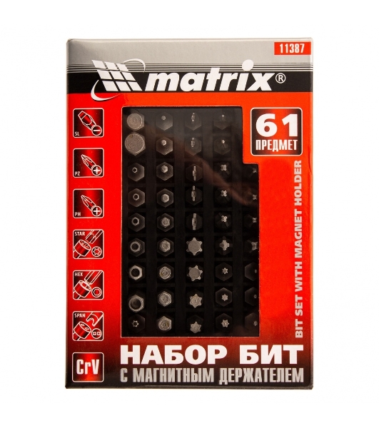 Набор бит Matrix с магнитным держателем, CrV, 61шт