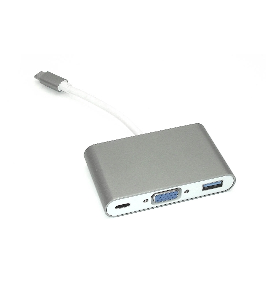 Адаптер Type-C на VGA, USB 3.0 + Type-С для MacBook, серый