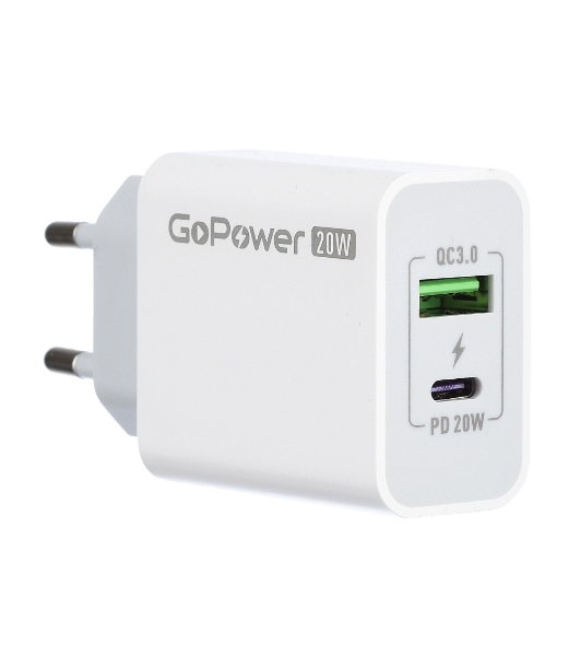 Сетевое зарядное устройство GOPOWER 1USB+1TYPE-C 20W QC3.0 00-00028401 WHITE