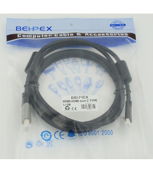 Кабель аудио-видео Behpex HDMI (m)/Mini HDMI (m) 2м. феррит.кольца черный