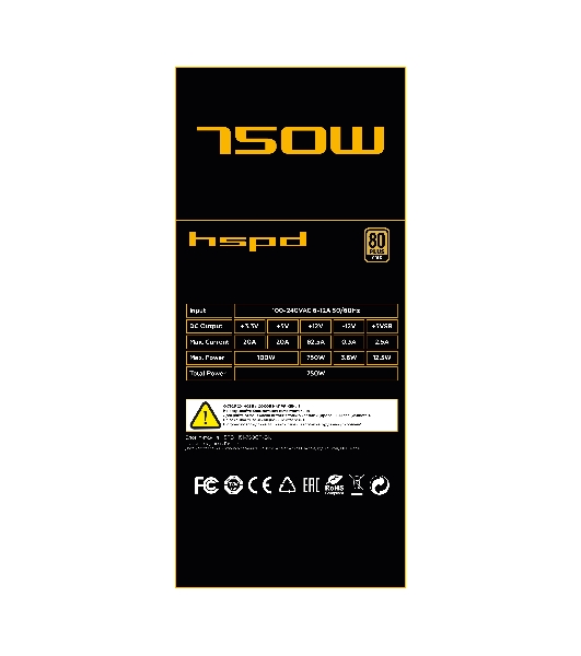 Блок питания Power Supply HSPD, 750W 80 PLUS Gold (ATX, 3.1, PCIe 5.1, Full modular, 1x24(20+4)pin 600мм, 2xCPU 8(4+4)pin 700мм, 2xPCIe*2 8(6+2)pin 550+150мм, 1x12V(2x6) 12+4pin 600W 550мм 2xSATA*3 500+150+150мм, 1xMOLEX4pin*3+FDD 500+150+150+150мм, Active, 120x120мм, 150x140x86мм, APFC, OVP, UVP, SCP, OCP, OTP, OPP, NLO, SIP, black)