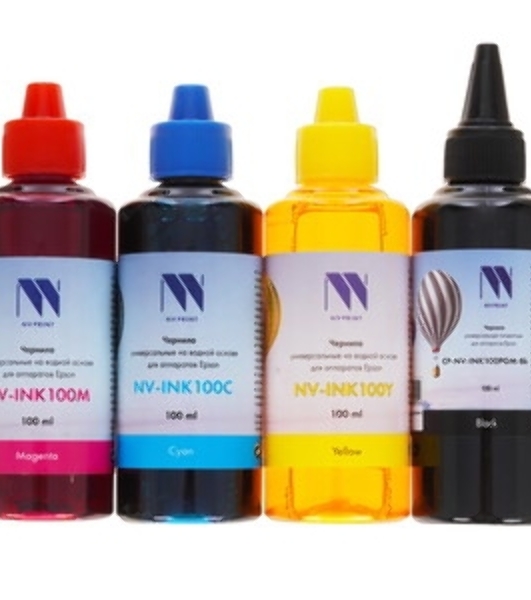 Чернила NVPrint для аппаратов Epson, комплект 4 цвета (пигментные Bk + водные C,M,Y) по 100 мл