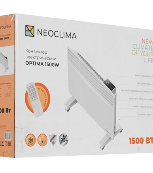 Конвектор электрический Neoclima Optima 1500W белый, 1500 Вт, 20 м2, электронный термостат, Wi-Fi