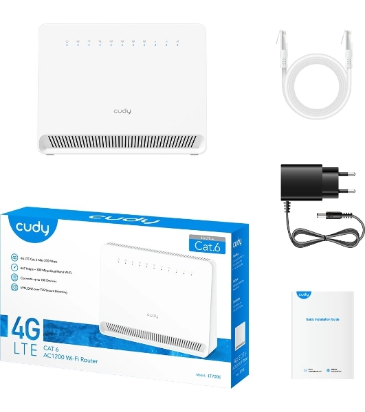 Маршрутизатор AC1200 Wi-Fi 4G LTE Cat 6 Gigabit Router, 4 10/100/1000M RJ45 Ports, Nano SIM Slot, Quectel module inside,build-in 4G LTE modem, 300Mbps at 2.4GHz + 867Mbps at 5GHz, Internal Antennas, PPTP/L2TP/OpenVPN/WireGuard VPN, DNS over Cloudflare/Google/Quad9, DDNS, SMS, Band locking, TR069, TR111, Cudy Mesh Support