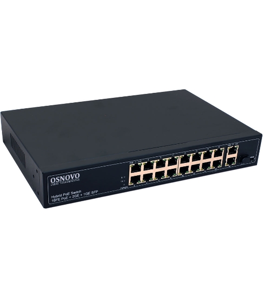 Коммутатор PoE коммутатор FE, 16 *10/100 Base-T с PoE, 2 x GE Uplink (RJ45), 1 x GE SFP Uplink, мощность PoE на порт до 30W, суммарно PoE до 292W