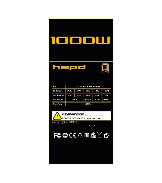 Блок питания Power Supply HSPD, 1000W 80 PLUS Gold (ATX, 3.1, PCIe 5.1, Full modular, 1x24(20+4)pin 600мм, 2xCPU 8(4+4)pin 700мм, 2xPCIe*2 8(6+2)pin 550+150мм, 1x12V(2x6) 12+4pin 600W 550мм 2xSATA*3 500+150+150мм, 1xMOLEX4pin*3+FDD 500+150+150+150мм, Active, 120x120мм, 150x140x86мм, APFC, OVP, UVP, SCP, OCP, OTP, OPP, NLO, SIP, black)