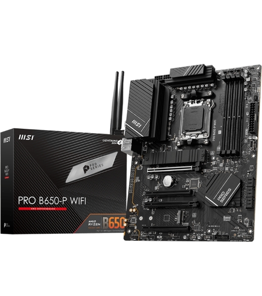 Материнская плата MSI PRO B650-P WIFI, AM5, AMD B650, 4xDDR5, 6xSATA, 2xM.2 (PCIe 4.0), 2xPCIe 4.0 x16, 2xPCIe 3.0 x16, 1xHDMI, 1xDP, 1x2.5Gb LAN, Wi-Fi, Bluetooth, 1xUSB-C 20Gbps, 3xUSB-A 10Gbps, 4xUSB-A 5Gbps, 3x3.5 мм, 7.1, чёрный, ATX
