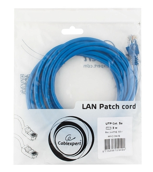Патч-корд UTP Cablexpert cat.5e, 3м, литой, многожильный, синий