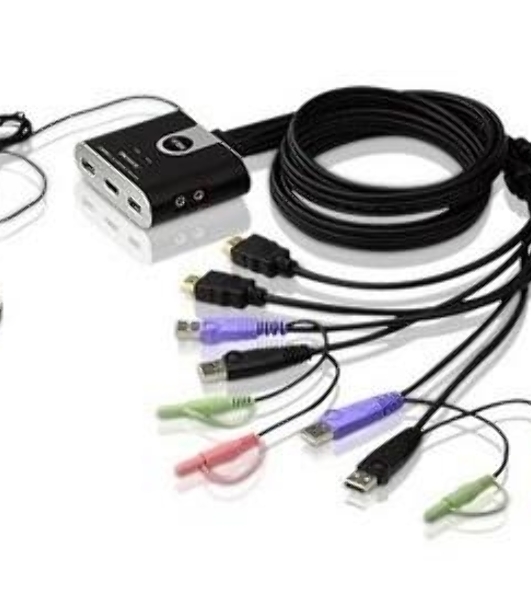 Переключатель KVM ATEN (CS692-AT) KVM+Audio, 1 user USB+HDMI => 2 cpu USB+HDMI, со встр.шнурами USB+Audio 2x1.2м., 1920x1200, настол., исп.стандарт.