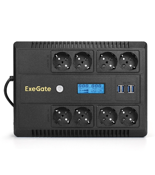 Источник бесперебойного питания ExeGate NEO Smart LHB-1000.LCD.AVR.8SH.CH.USB 1000VA/650W, LCD, AVR, 8*Schuko, USB, 4*USB-порта для зарядки, черный