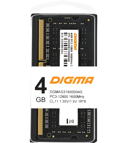 Оперативная память Digma, DDR3, 4GB (1x4 GB), 1600 MHz, CL11, SO-DIMM