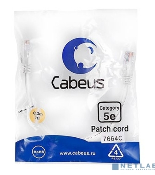 Шнур коммутационный Cabeus, Cat.5e, неэкр., U/UTP, RJ45/RJ45, PVC, AWG24, 0.3м, белый