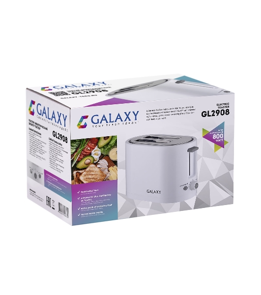 Тостер Galaxy Line GL 2908 белый, 800 Вт, 2 слота