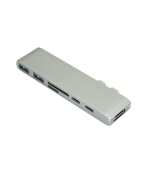 Адаптер сдвоенный Type-C на HDMI, USB 3.0*2 + Type-C* 2 + SD/TF для MacBook, серый