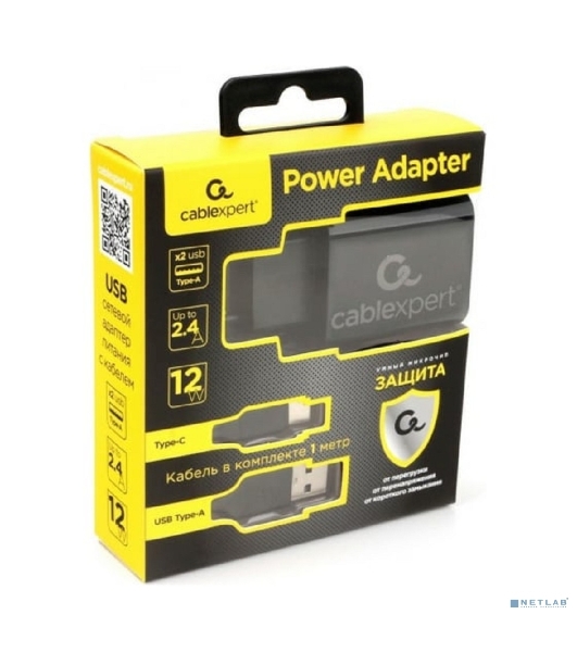 Сетевое зарядное устройство Cablexpert MP3A-PC-37 USB 2 порта, 2.4A, черный + кабель 1м Type-C