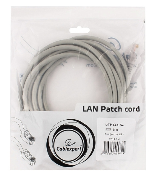 Патч-корд UTP Cablexpert cat.5e, 3м, литой, многожильный серый