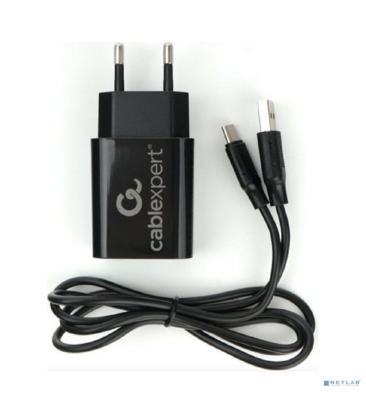 Сетевое зарядное устройство Cablexpert MP3A-PC-37 USB 2 порта, 2.4A, черный + кабель 1м Type-C