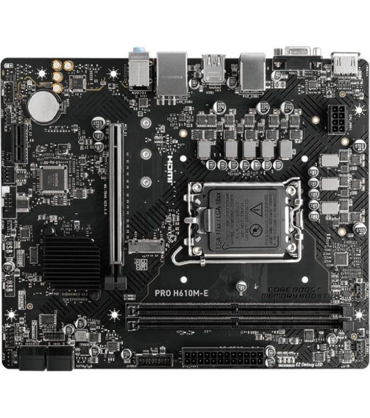 Материнская плата MSI PRO H610M-E, LGA 1700, Intel H610, 2xDDR5, 4xSATA, 1xM.2, 1xPCIe 4.0 x16, 1xPCIe 4.0 x1, 1xHDMI, 1xVGA, 1xRJ45 1Gb, 2xUSB-A 3.2 Gen 1, 4xUSB-A 2.0, 3x3.5мм, 7.1, mATX