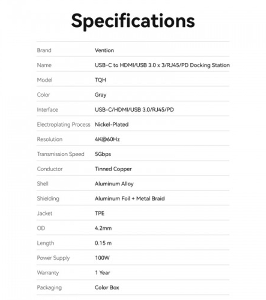 USB-концентратор Vention TQHHB, USB Type-C, USB/HDMI/RJ-45, USB Type-C