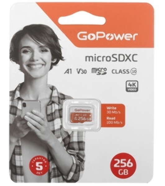 Флеш карта microSD GoPower 256Gb Class10 UHS-I (U3) 100 МБ/сек V30 без адаптера