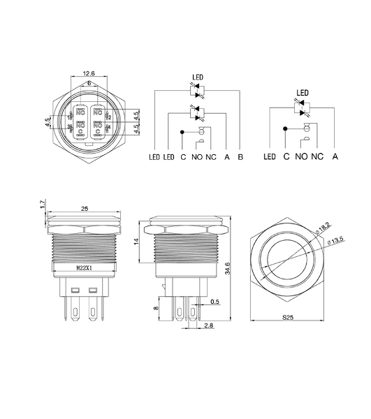 Кнопка антивандальная Rexant Ø22 12В Б/Фикс (5с) (ON)-OFF/(OFF)-ON подсв/синяя