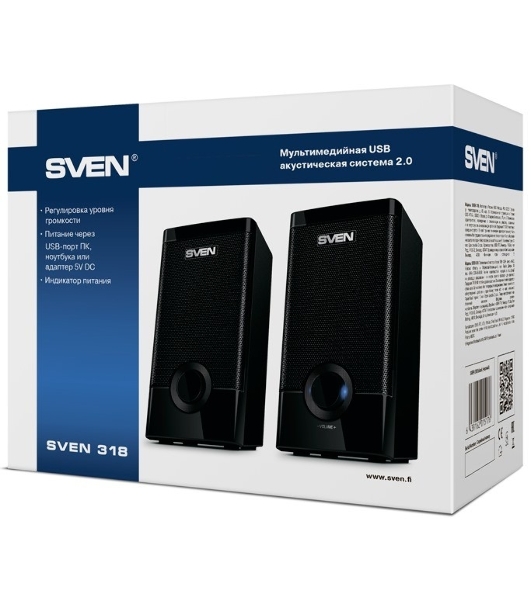 Колонки SVEN 318 черный USB-порт ПК, ноутбука или адаптер 5V DC