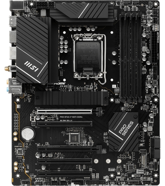 Материнская плата MSI PRO B760-P WIFI DDR4, LGA 1700, Intel B760, 4xDDR4, 4xSATA, 2xM.2, 1xPCIe 4.0 x16, 1xPCIe 4.0 x4, 3xPCIe 3.0 x1, 1xHDMI, 1xDP, 1xRJ45 2.5Gb, Wi-Fi 6E, Bluetooth 5.3, 1xUSB-C 3.2 Gen 2, 2xUSB-A 3.2 Gen 2, 4xUSB-A 2.0, 5x3.5мм, TOSLINK, 7.1, Standard-ATX